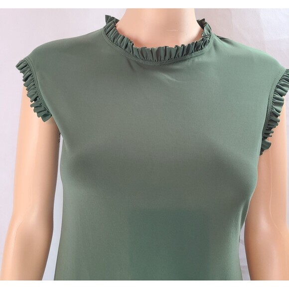 New NICOLE MILLER (S) Olive Green Jersey Sleeveless with Ruffle Trim Mini Dress - Picture 2 of 11